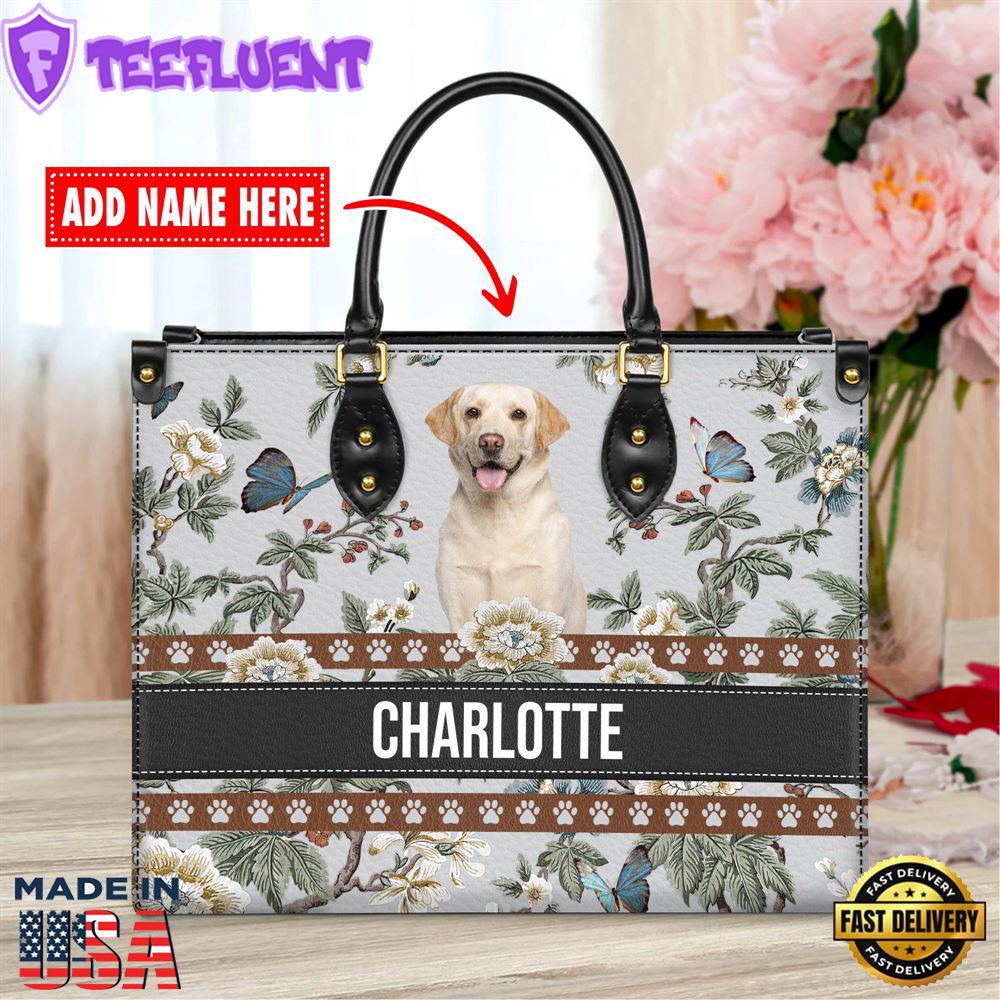 Labrador Retriever Dog Bior Leather Handbag With Flowers And Butterfly
