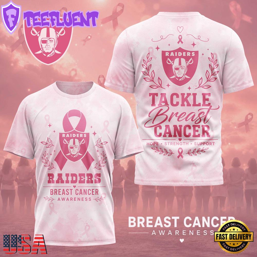 Las Vegas Raiders NFL Hope Strength Support Breast Cancer 3D T-Shirt