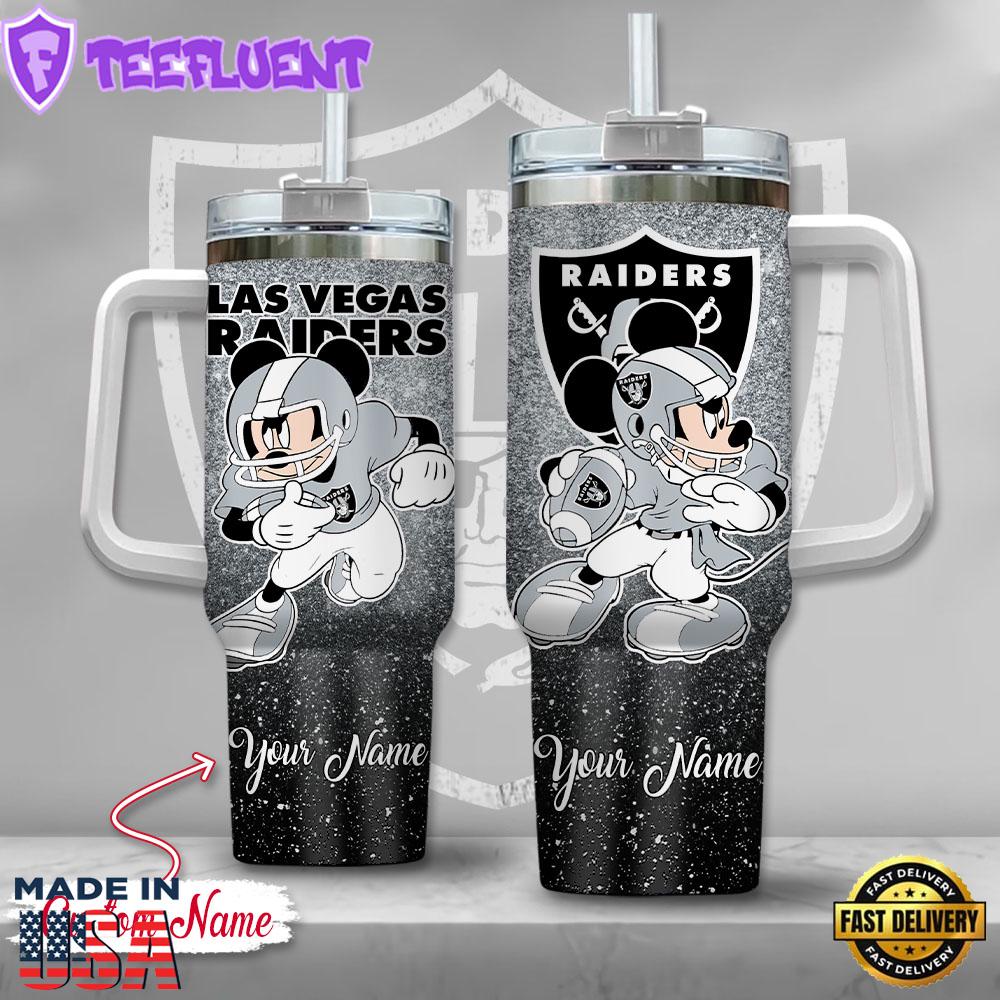 Las Vegas Raiders NFL Mickey Mouse Glitter Custom Stanley Quencher 40oz Stainless Steel Tumbler With Handle