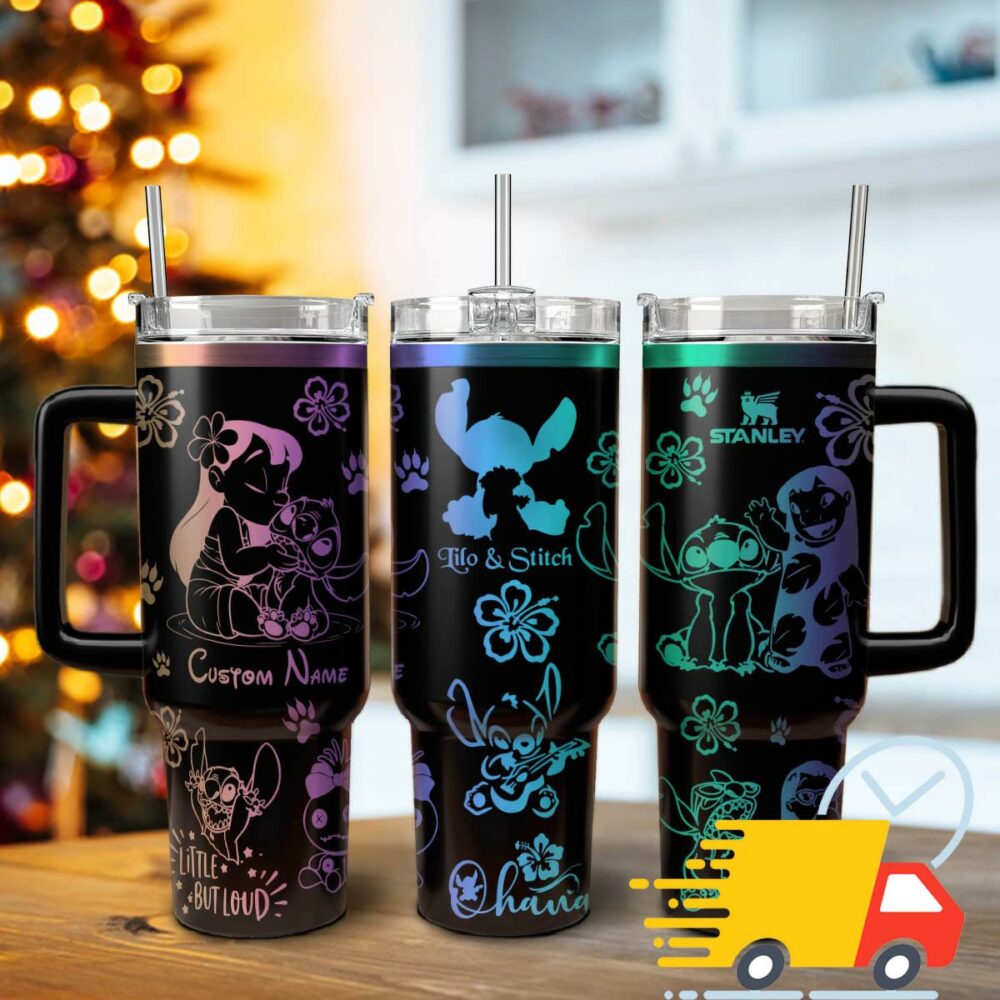 Lilo And Stitch Cartoon Custom Stanley Quencher 40oz Stainless Steel Tumbler With Handle