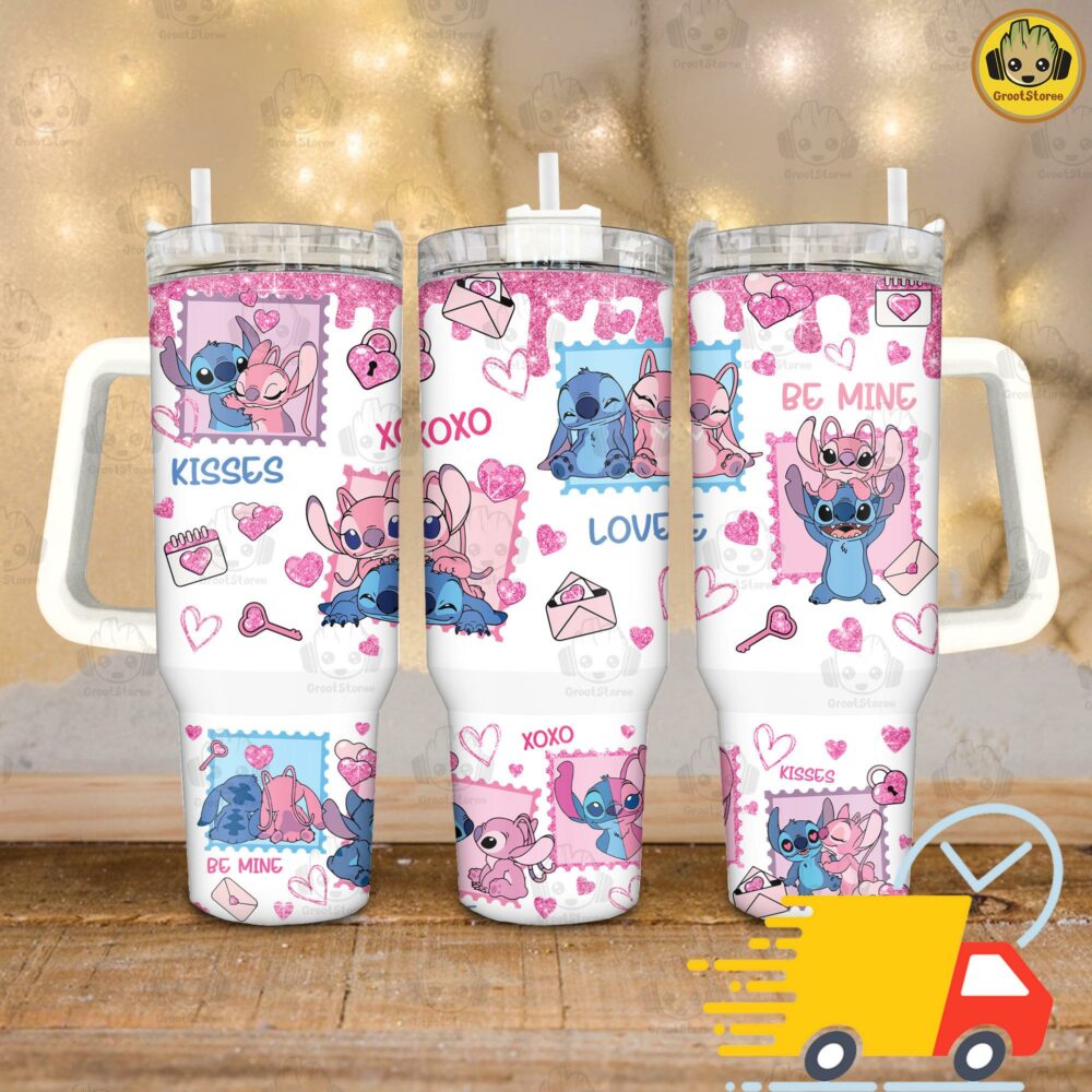 Lilo and Stitch Valentine XOXO Disney Cartoon Custom Stanley Quencher 40oz Stainless Steel Tumbler With Handle
