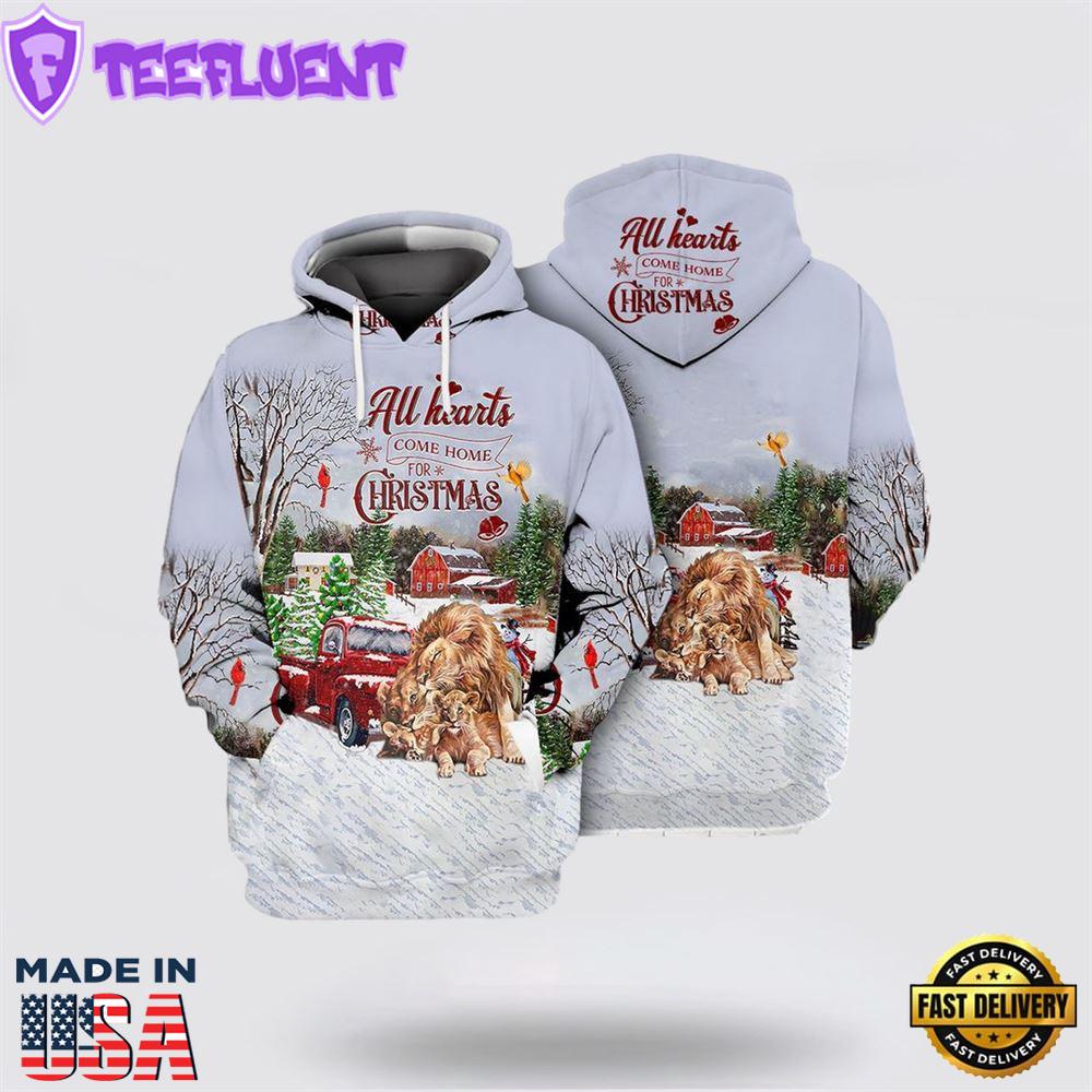 Lion All Hearts Come Home For Christmas All Over Print 3D Hoodie