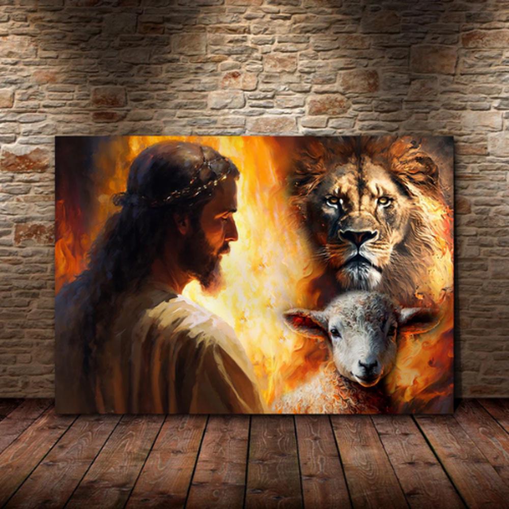 Lion And Jesus And Lamb Canvas Poster Wall Art