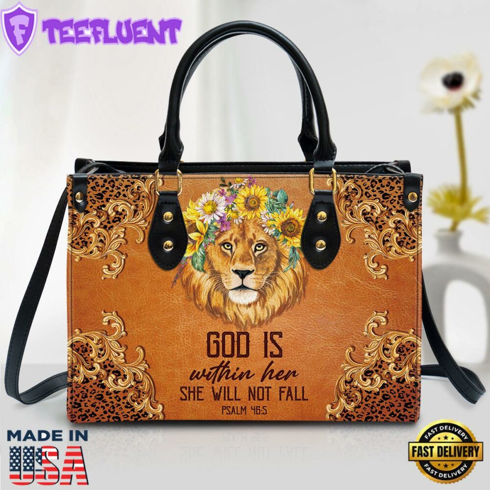 Lion Leather Handbag God Is Within Her She Will Not Fall Leather Bag Christ Gifts Leather Bags