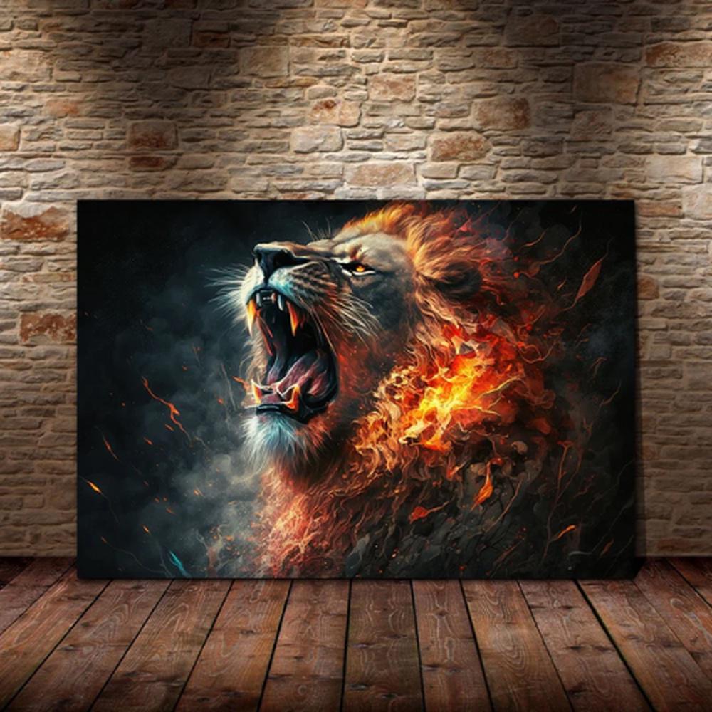 Lion Of Judah Lion With Fire Effect Canvas Poster Wall Art