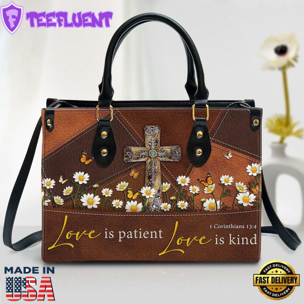 Love Is Patient Old Rugged Cross Leather Handbag Christ Gifts Leather Bags