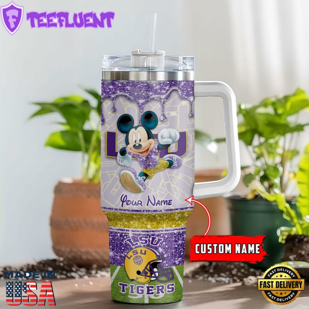 LSU Tigers NCAA Mickey Mouse Glitter Custom Stanley Quencher 40oz Stainless Steel Tumbler With Handle