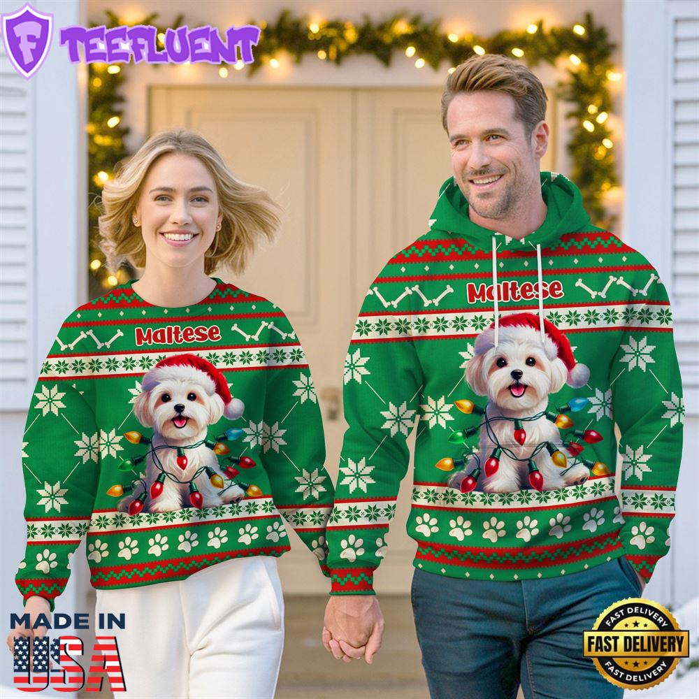 Maltese Dog Cheer with Santa Hat Christmas Sweatshirt And Hoodie Green