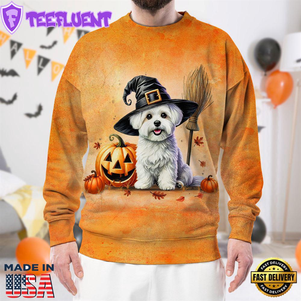 Maltese Dog In Spooky Autumn Halloween 3D Shirt