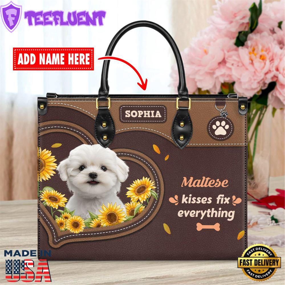 Maltese Dog Kisses Fix Everything Leather Handbag