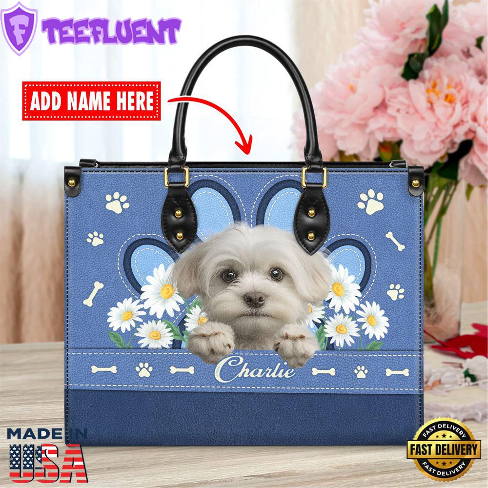 Maltese Dog Lover Leather Bag With Daisy Flowers