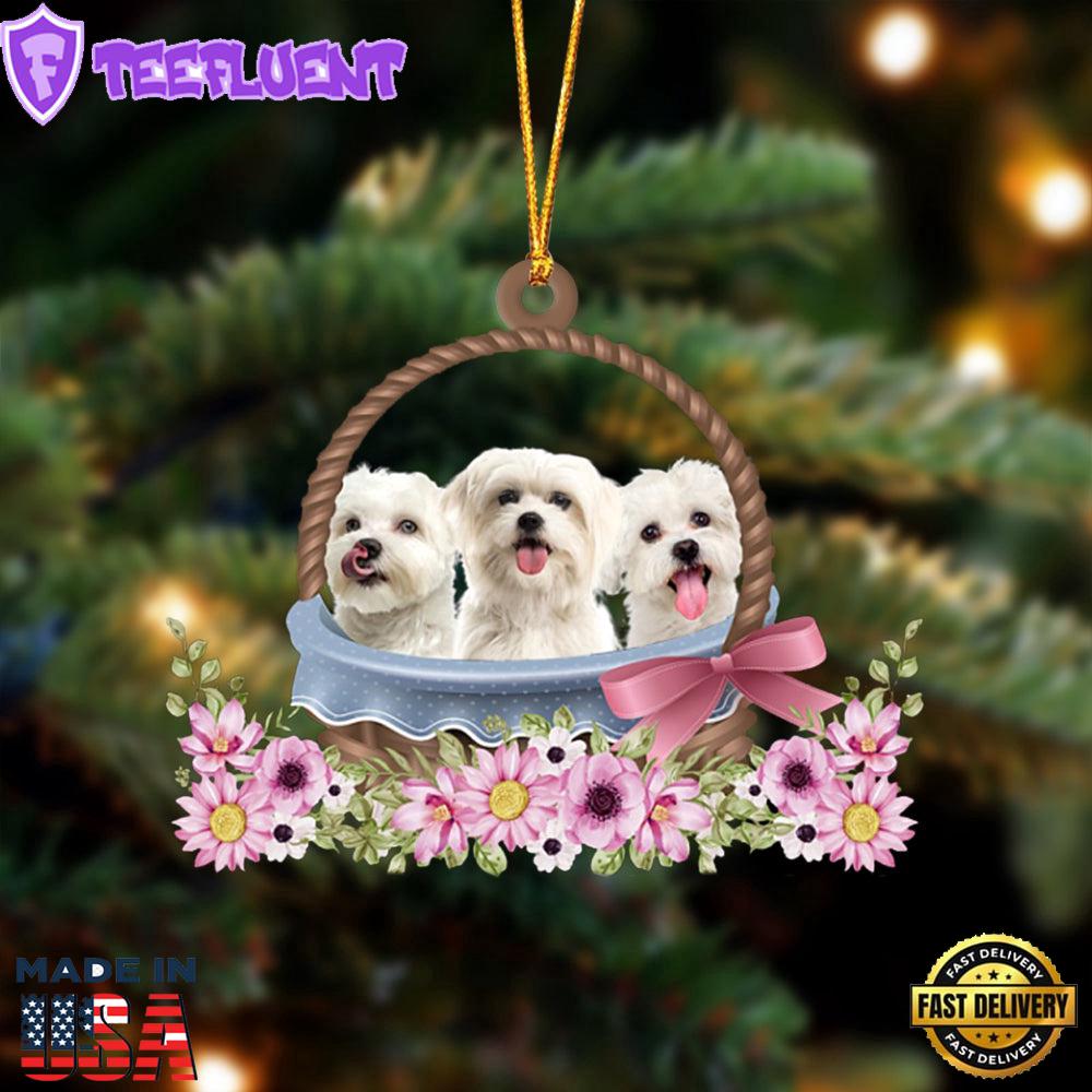 Maltese Dogs In The Basket Ornament, Gift For Christmas