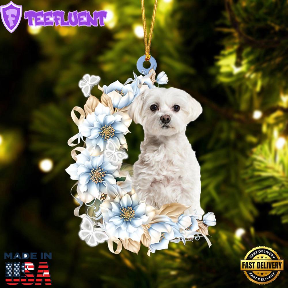 Maltese Flowers Moon Ornament, Gift For Christmas