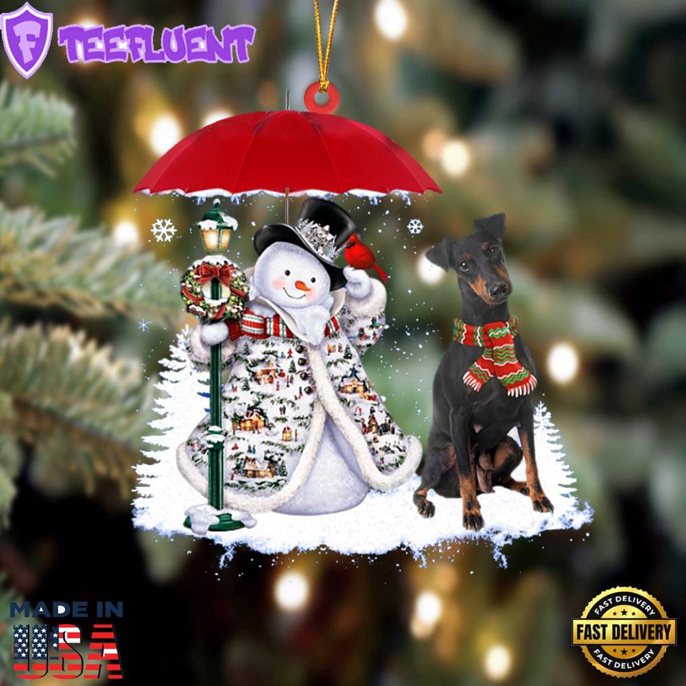 Manchester Terrier With Snowman Christmas Ornament, Gift For Christmas