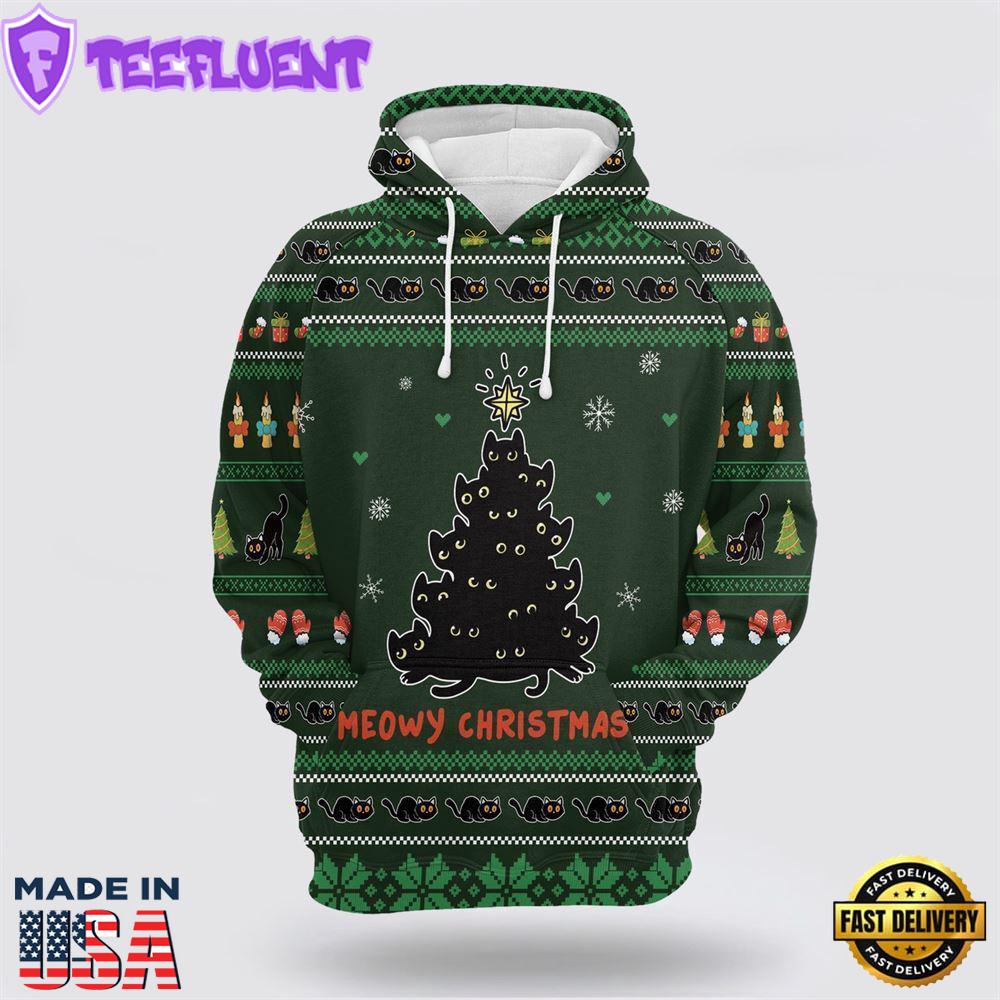 Meowy Christmas Black Cat All Over Print 3D Hoodie