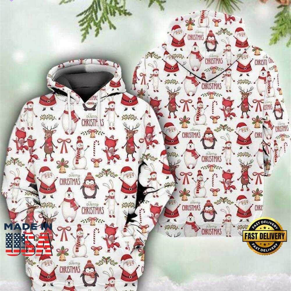 Merry Christmas Pattern White Red Christmas Hoodie All Over Print