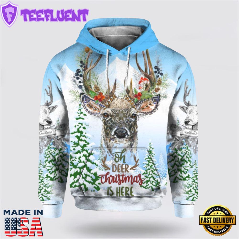 Merry Christmas With Deer All Over Print 3D Hoodie