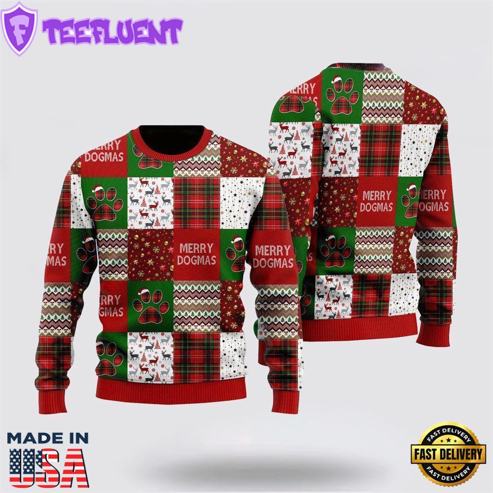 Merry Dogmas Paws Patchwork Pattern Ugly Christmas Sweater For Men And Women