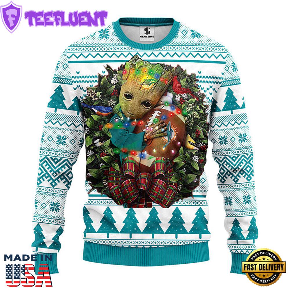 Miami Dolphins Groot Hug Christmas Ugly Sweater Sport For Fan