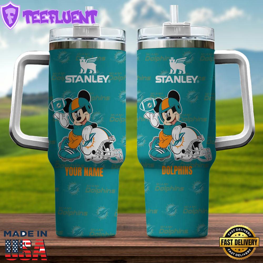 Miami Dolphins NFL Mickey Mouse Custom Stanley Quencher 40oz Stainless Steel Tumbler With Handle