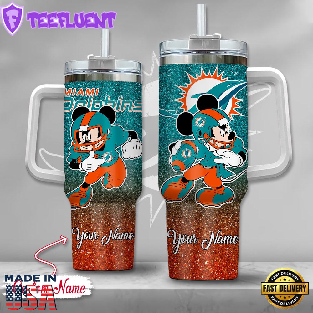 Miami Dolphins NFL Mickey Mouse Glitter Custom Stanley Quencher 40oz Stainless Steel Tumbler With Handle