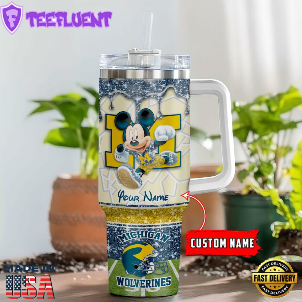 Michigan Wolverines NCAA Mickey Mouse Glitter Custom Stanley Quencher 40oz Stainless Steel Tumbler With Handle