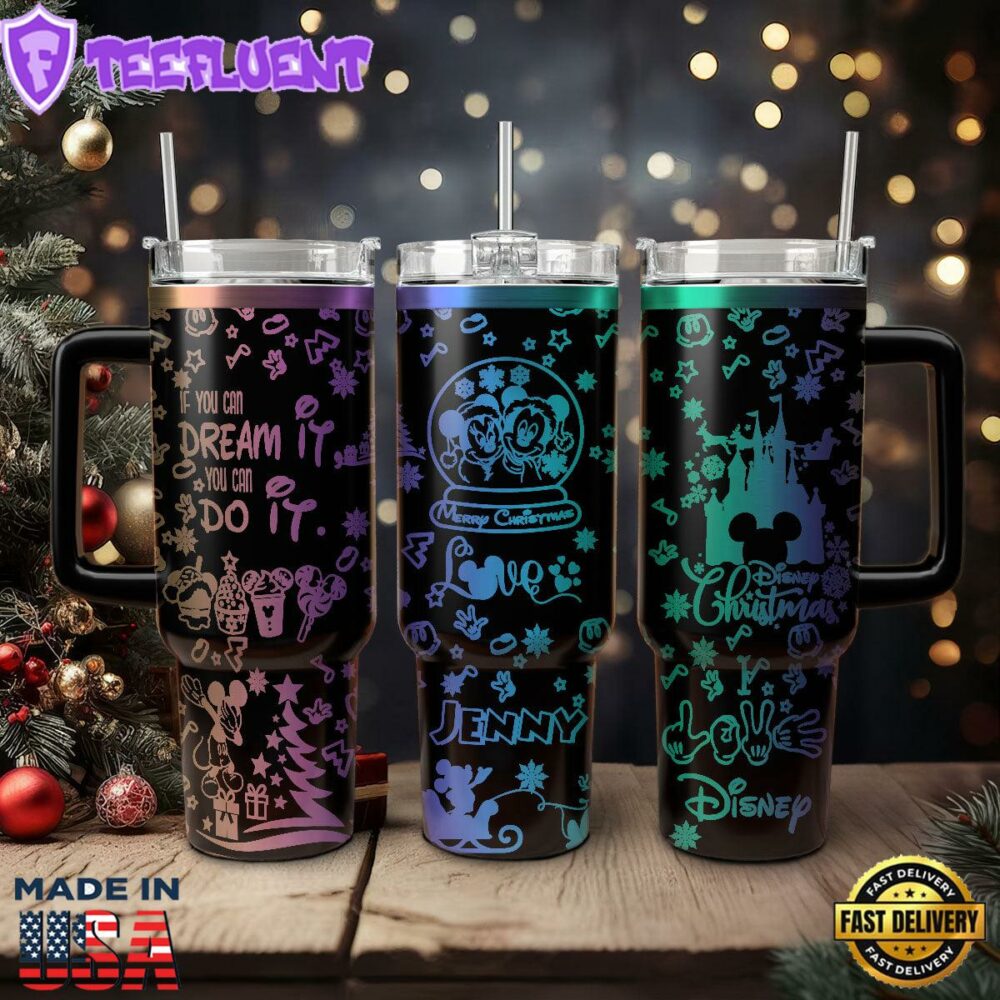 Mickey and Minnie Mouse Cartoon Christmas Custom Stanley Quencher 40oz Stainless Steel Tumbler With Handle