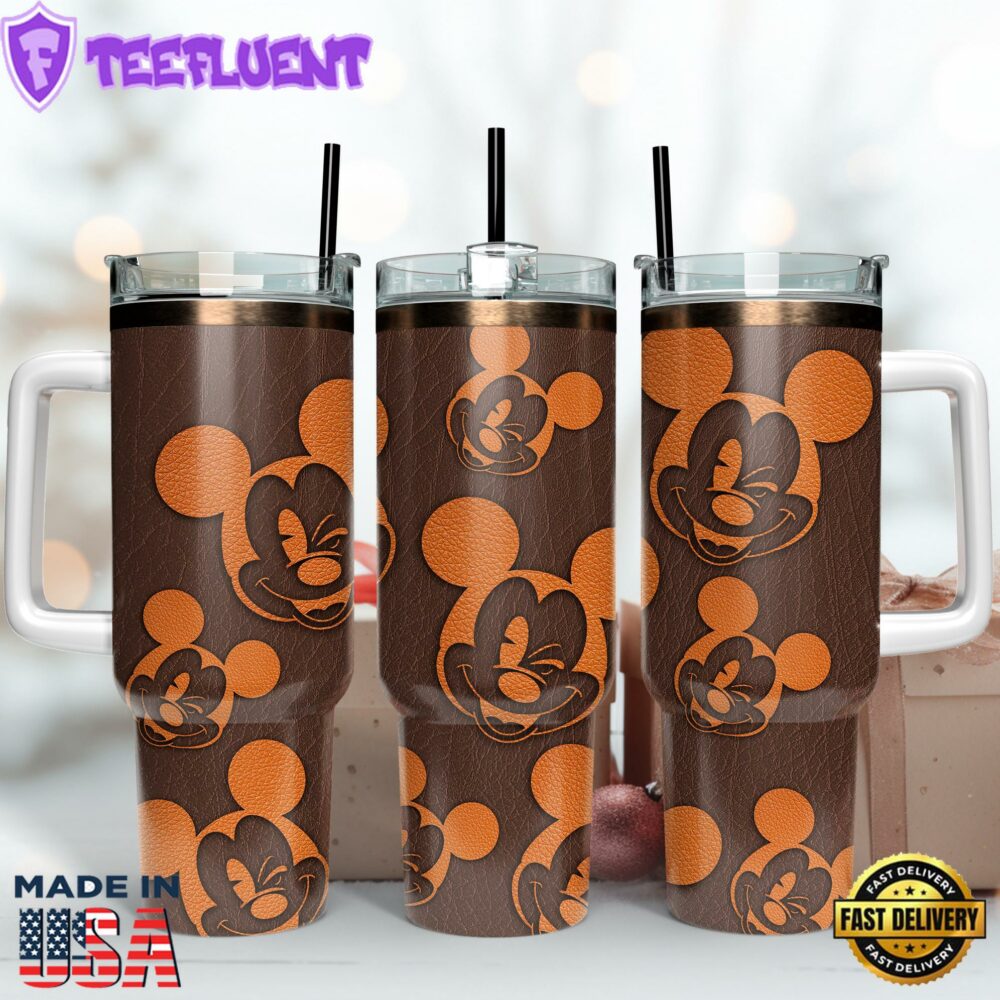 Mickey Mouse Disney Cartoon Leather Print Custom Stanley Quencher 40oz Stainless Steel Tumbler With Handle
