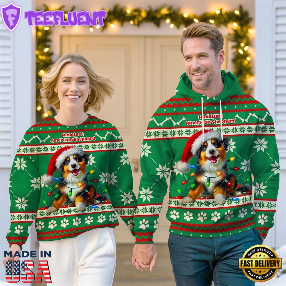 Miniature American Shepherd Dog Cheer with Santa Hat Christmas Sweatshirt And Hoodie Green