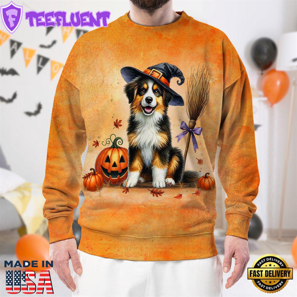 Miniature American Shepherd Dog In Spooky Autumn Halloween 3D Shirt