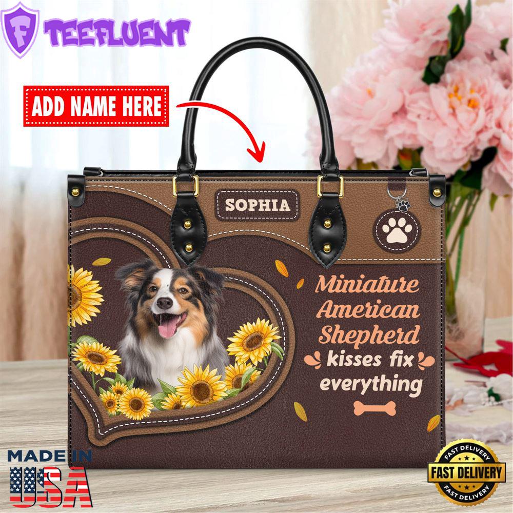Miniature American Shepherd Dog Kisses Fix Everything Leather Handbag