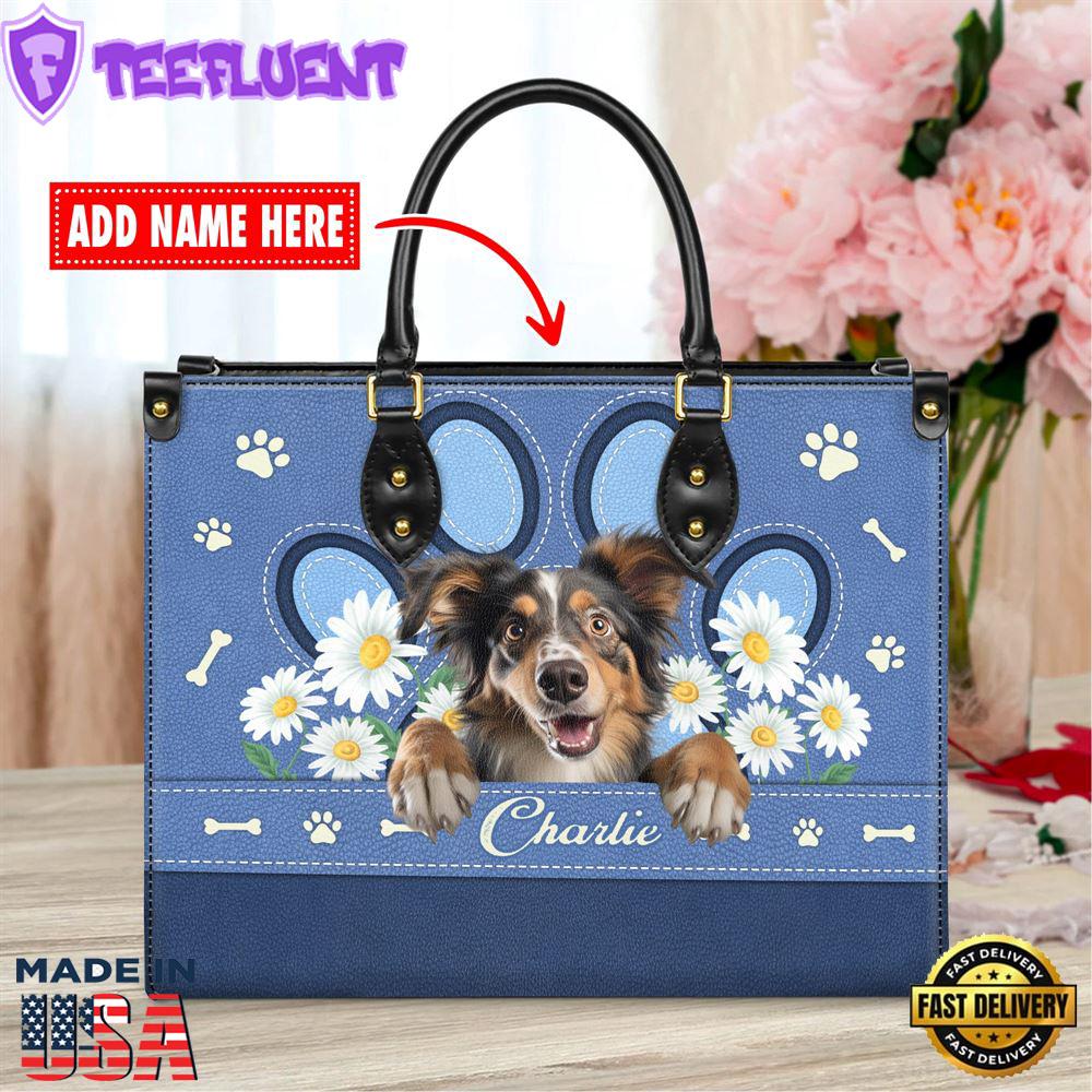 Miniature American Shepherd Dog Lover Leather Bag With Daisy Flowers