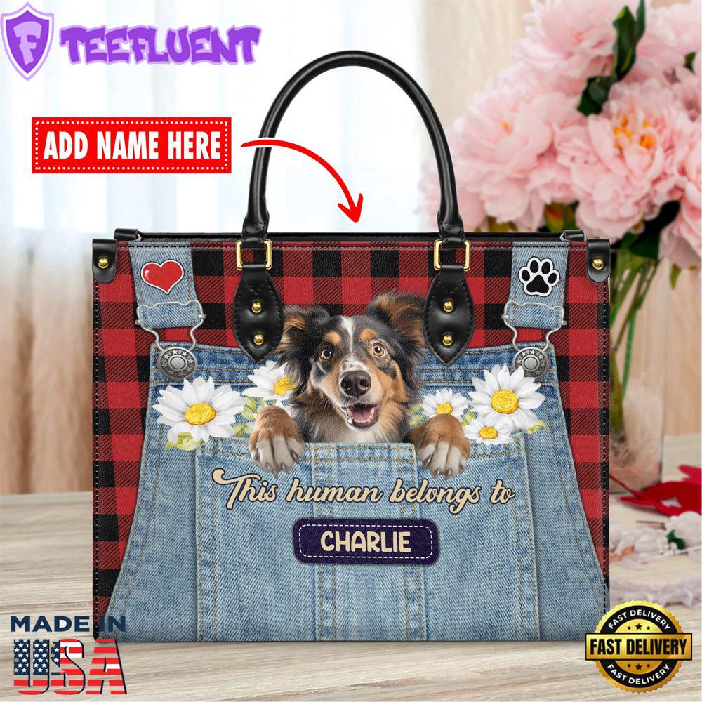 Miniature American Shepherd Dog This Human Belongs To Leather Handbag