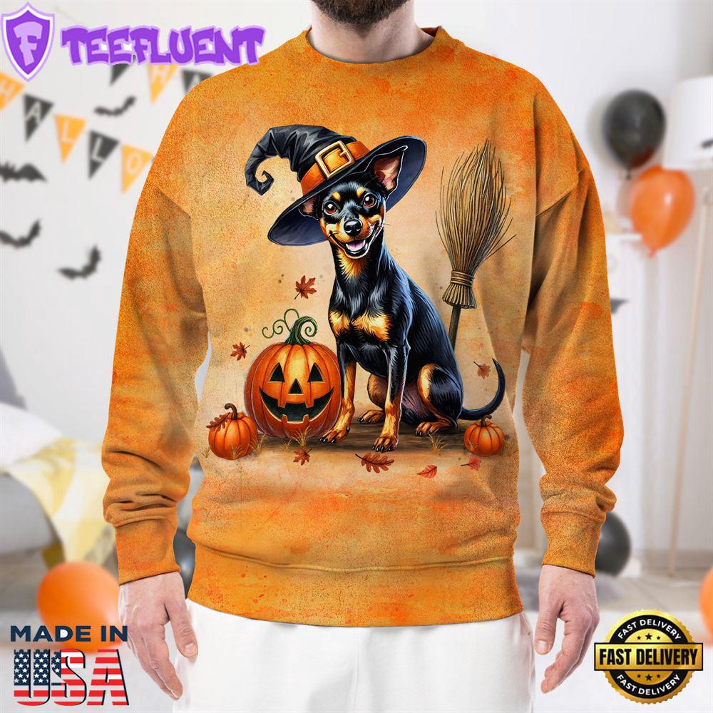 Miniature Pinscher Dog In Spooky Autumn Halloween 3D Shirt