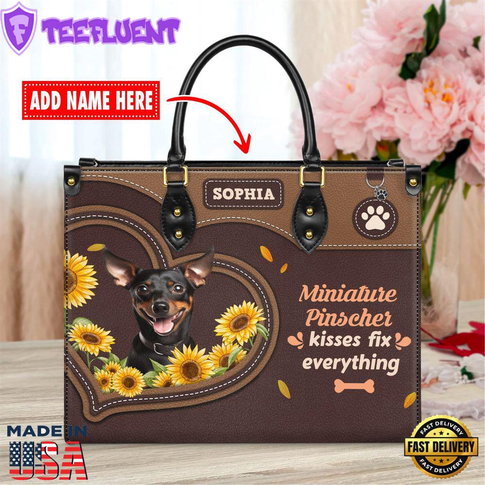 Miniature Pinscher Dog Kisses Fix Everything Leather Handbag