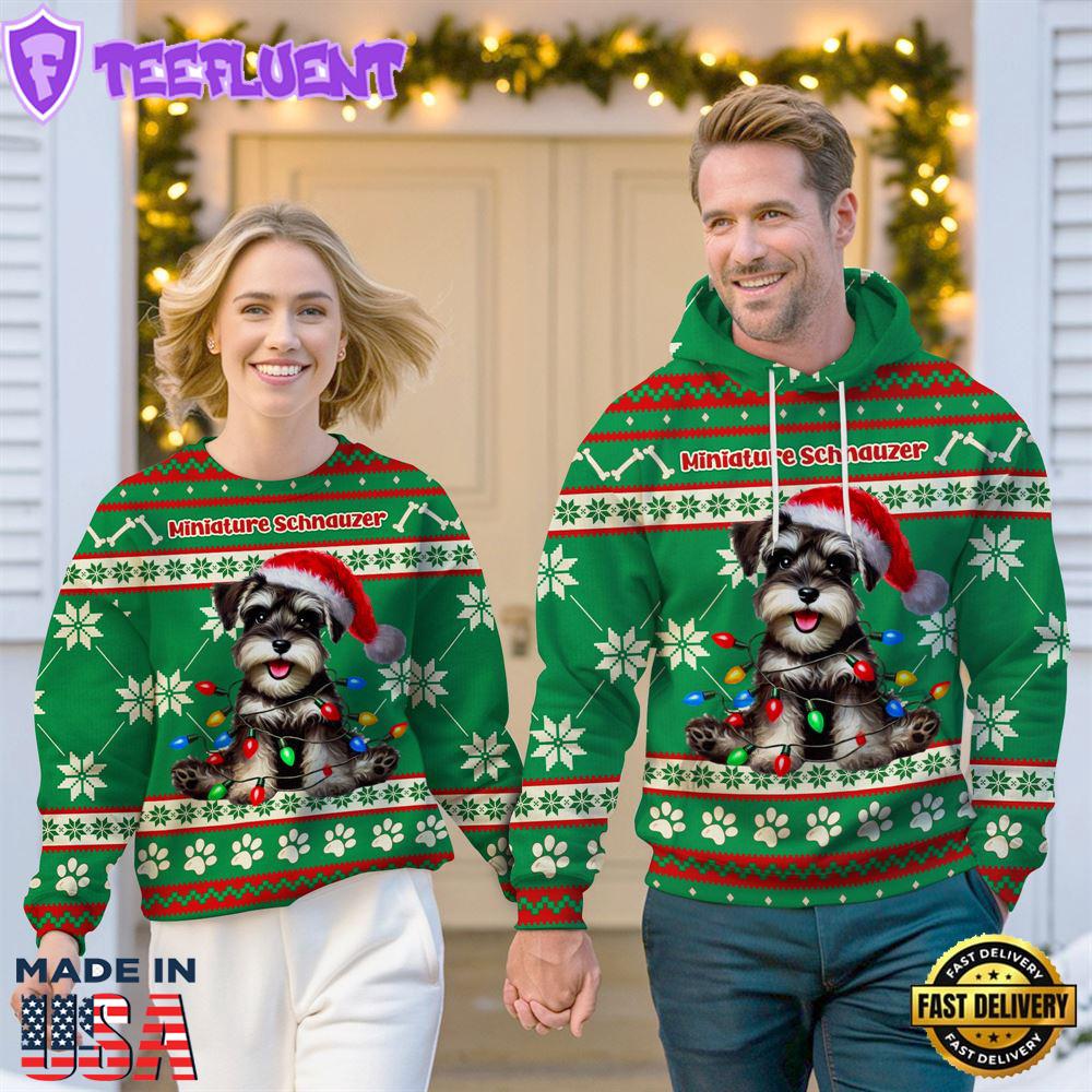 Miniature Schnauzer Dog Cheer with Santa Hat Christmas Sweatshirt And Hoodie Green