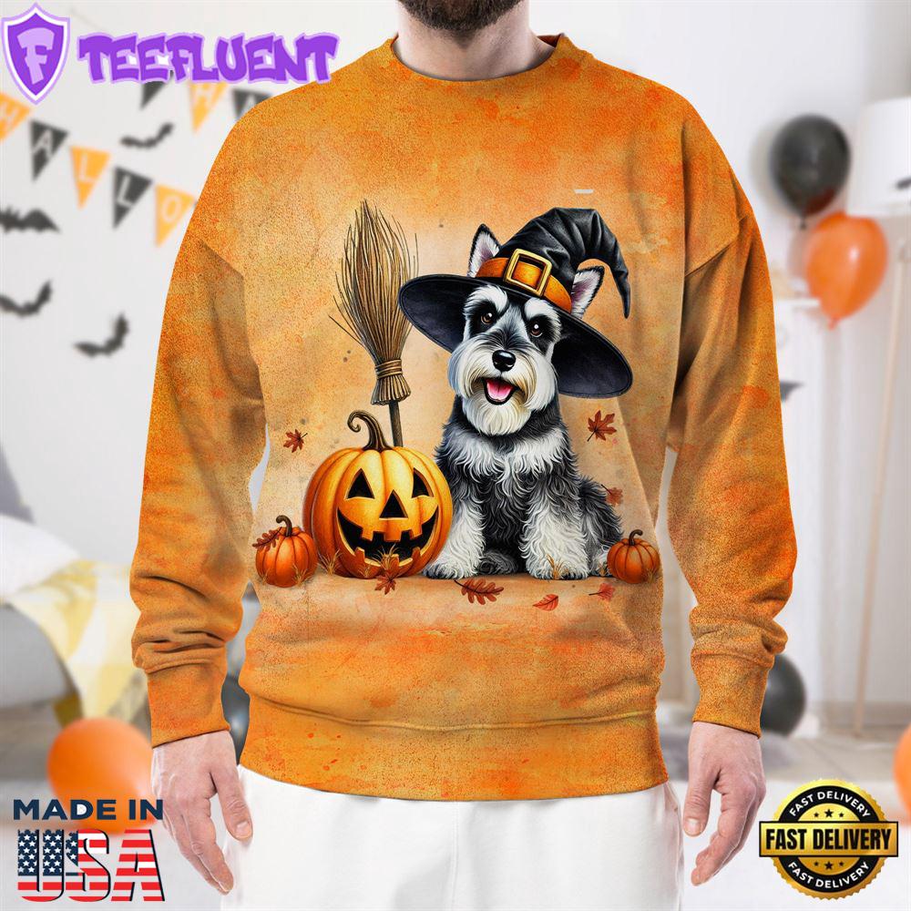 Miniature Schnauzer Dog In Spooky Autumn Halloween 3D Shirt