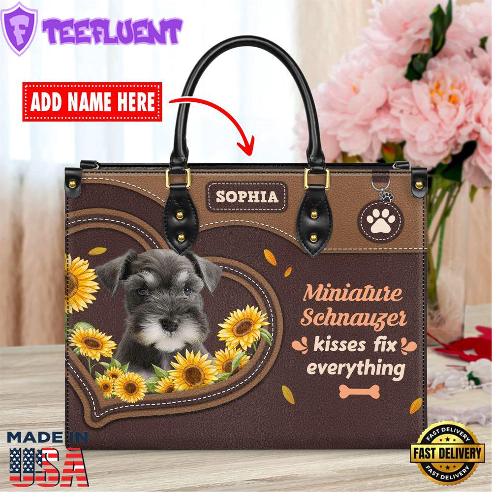Miniature Schnauzer Dog Kisses Fix Everything Leather Handbag