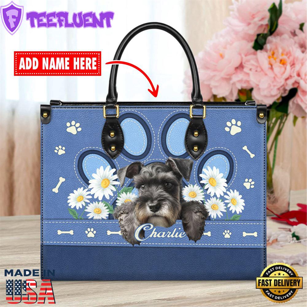 Miniature Schnauzer Dog Lover Leather Bag With Daisy Flowers