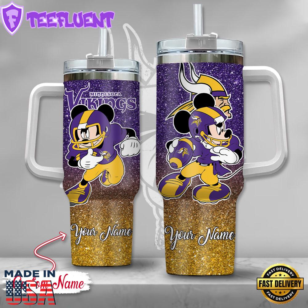 Minnesota Vikings NFL Mickey Mouse Glitter Custom Stanley Quencher 40oz Stainless Steel Tumbler With Handle