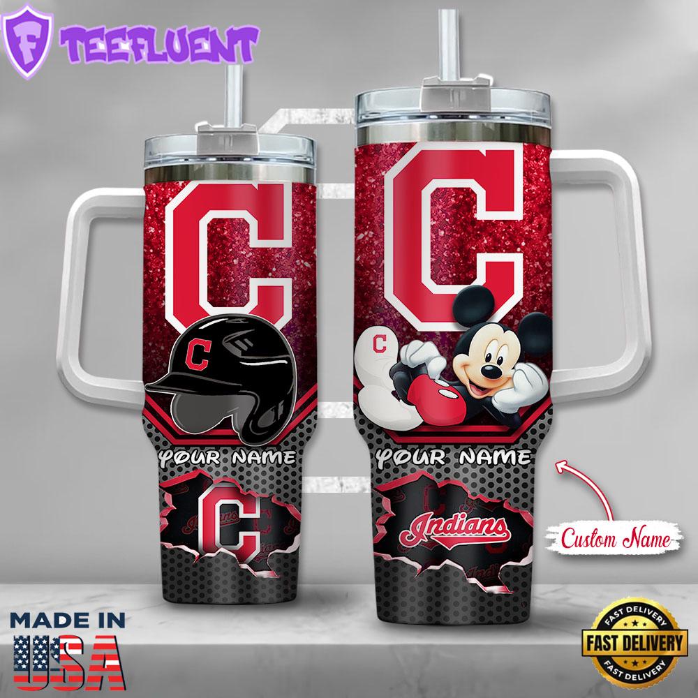MLB Cleveland Indians Mickey Mouse Custom Stanley Quencher 40oz Stainless Steel Tumbler With Handle