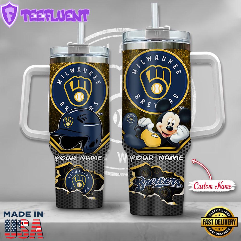 MLB Milwaukee Brewers Mickey Mouse Custom Stanley Quencher 40oz Stainless Steel Tumbler With Handle