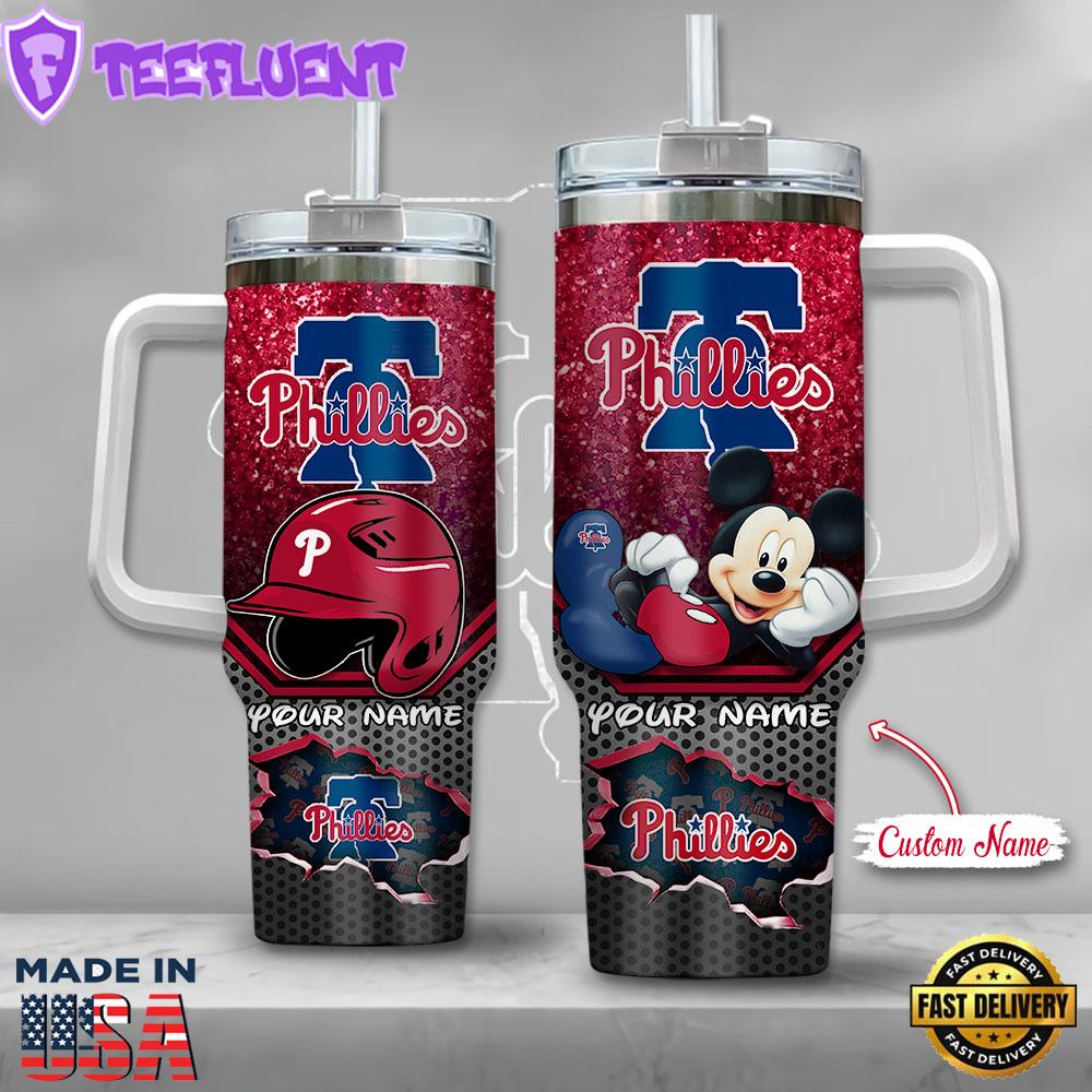 MLB Philadelphia Phillies Mickey Mouse Custom Stanley Quencher 40oz Stainless Steel Tumbler With Handle
