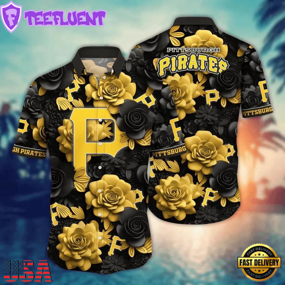 MLB Pittsburgh Pirates Black And Gold Rose Hawaiian Shirt