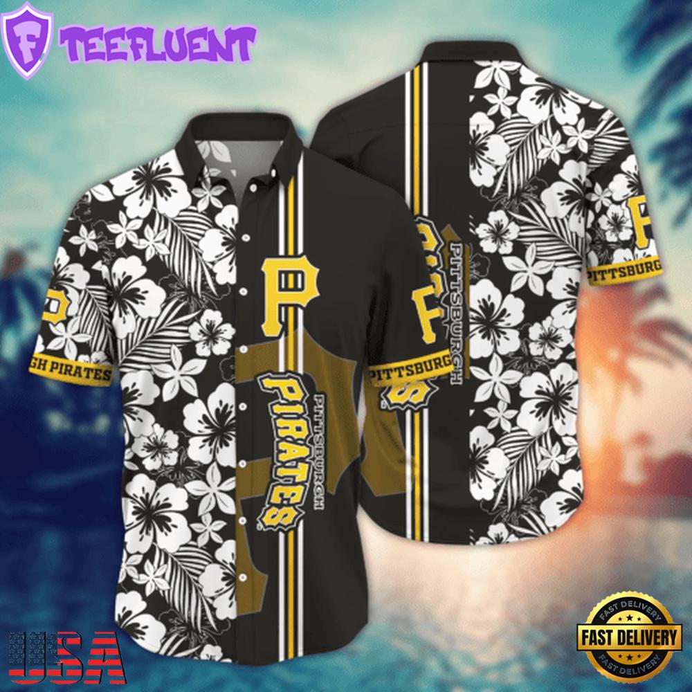 MLB Pittsburgh Pirates Tropical Hibiscus Stripe Hawaiian Shirt