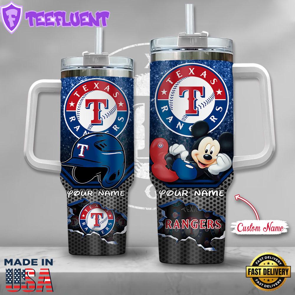 MLB Texas Rangers Mickey Mouse Custom Stanley Quencher 40oz Stainless Steel Tumbler With Handle