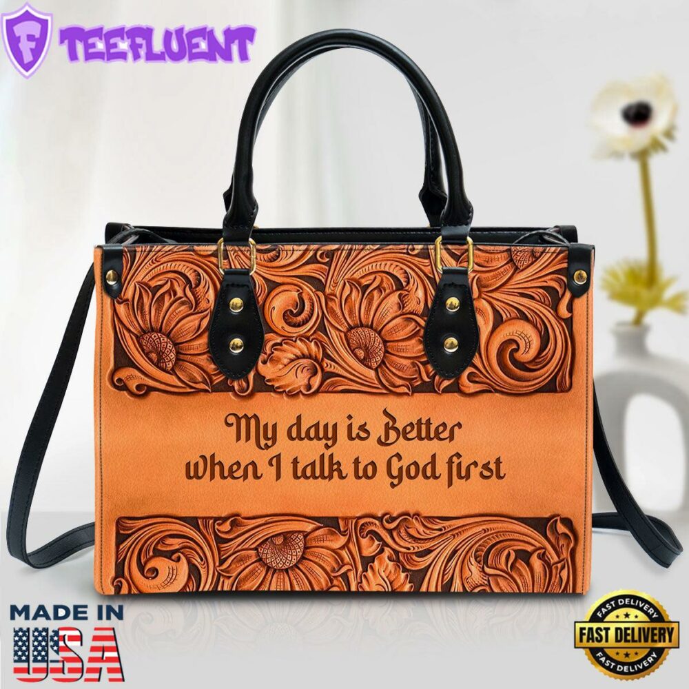 My Day Is Better When I Talk To God First Zippered Orange Leather Christ Gifts Leather Bags