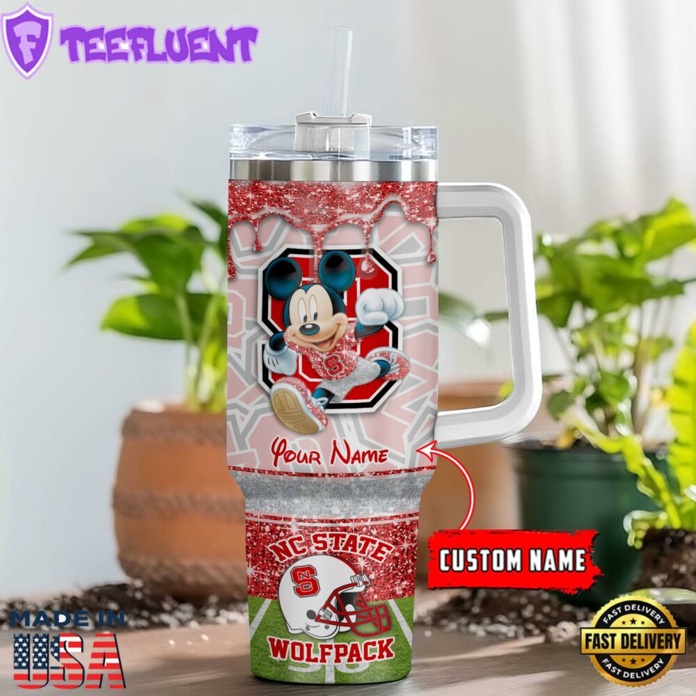 NC State Wolfpack NCAA Mickey Mouse Glitter Custom Stanley Quencher 40oz Stainless Steel Tumbler With Handle