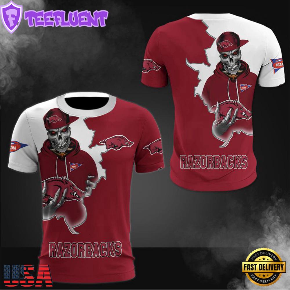 NCAA Arkansas Razorbacks Halloween Skeleton All Over Print T Shirt