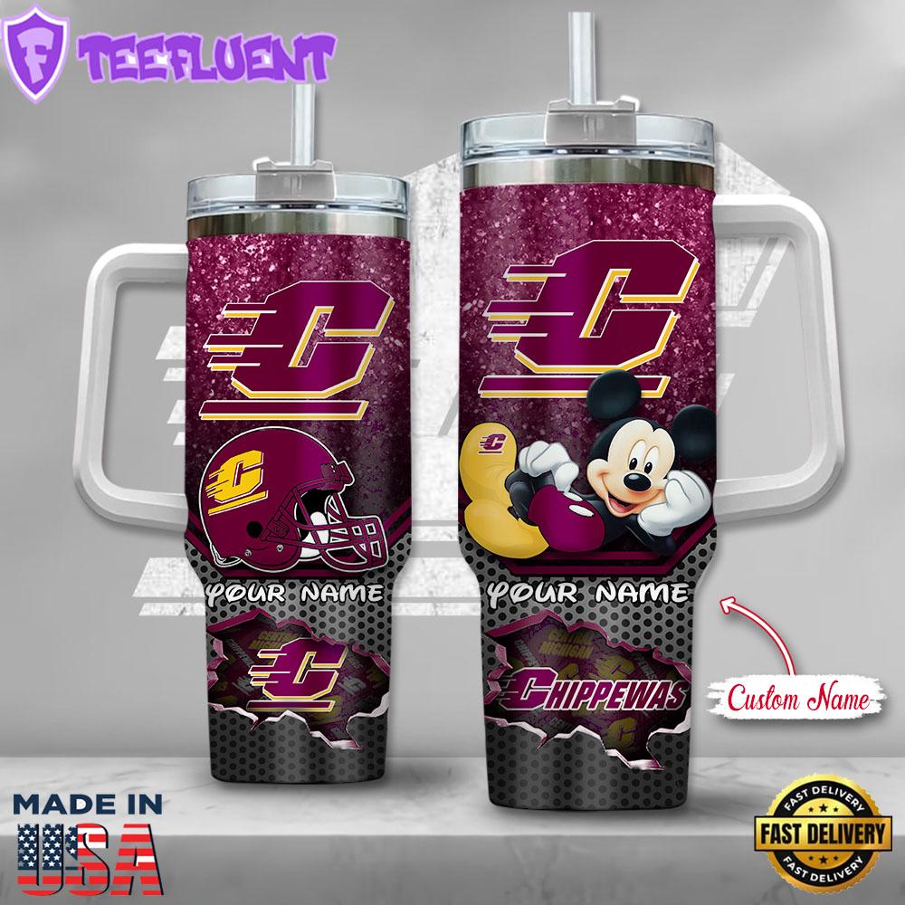 NCAA Central Michigan Chippewas Mickey Mouse Custom Stanley Quencher 40oz Stainless Steel Tumbler With Handle